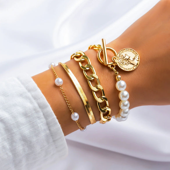 Jewelry Alloy Imitation Pearl Retro Geometric Electroplated Bracelet Set For Women
