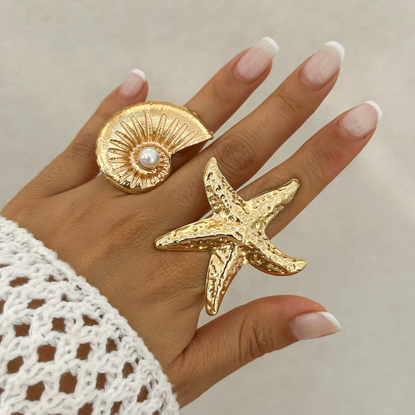 Jewelry Alloy Imitation Pearl Starfish Conch Ring Women's Exaggerated Geometric Electroplating Style
