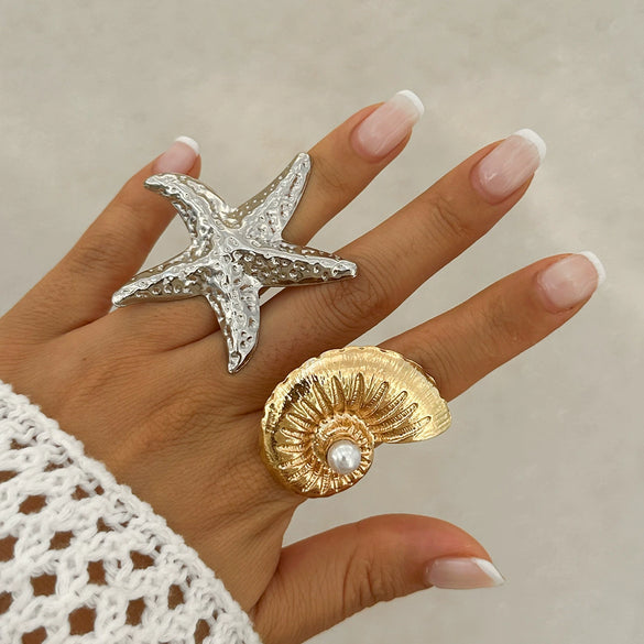 Jewelry Alloy Imitation Pearl Starfish Conch Ring Women's Exaggerated Geometric Electroplating Style