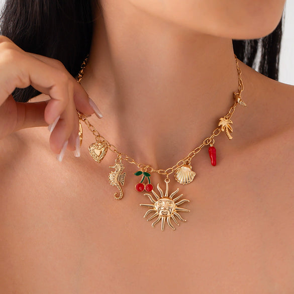 Jewelry Alloy Iron Dripping Oil Fruit Pendant Clavicle Chain Vintage Ocean Style Electroplated