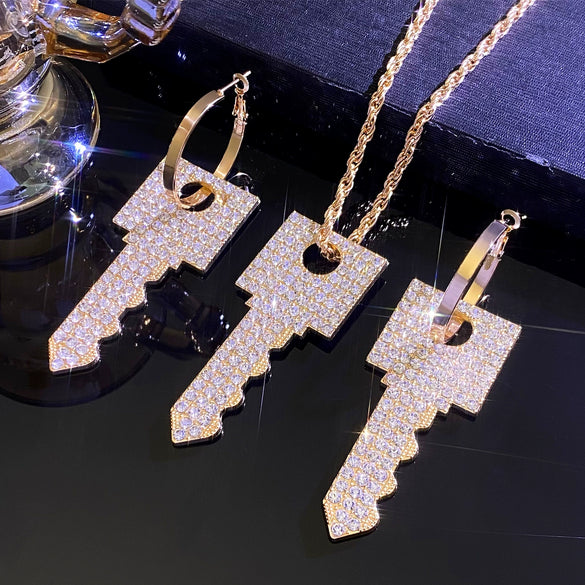 Jewelry Alloy Key Design Set With Diamonds Women's Earrings Necklace Pendant