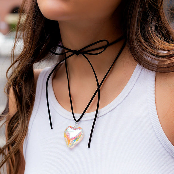 Jewelry Alloy Leather Wax Thread Flannel Handmade Heart Pendant Choker Necklace