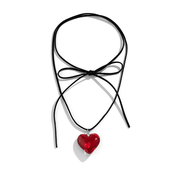 Jewelry Alloy Leather Wax Thread Flannel Handmade Heart Pendant Choker Necklace