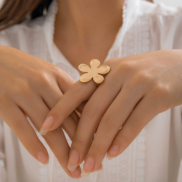 Jewelry Alloy Metal Ring With Geometric And Flower Pattern Electroplated For Women