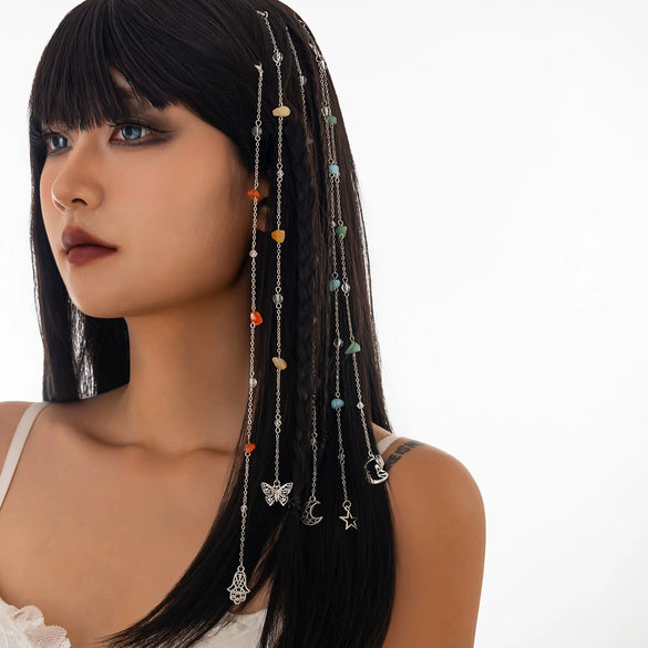 Jewelry Alloy Multistar Moon Tassel Conch Butterfly Long Gravel Hair Chain Electroplated For Women
