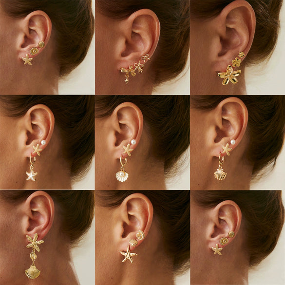 Jewelry Alloy Ocean Style Starfish Shell Animal Zodiac Electroplated Pendant Earrings And Ear Clips