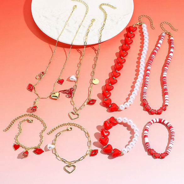 Jewelry Alloy Pearl Chain Heart Bow Geometric Sweet Style Electroplating Valentine's Day Women's Bracelet Necklace