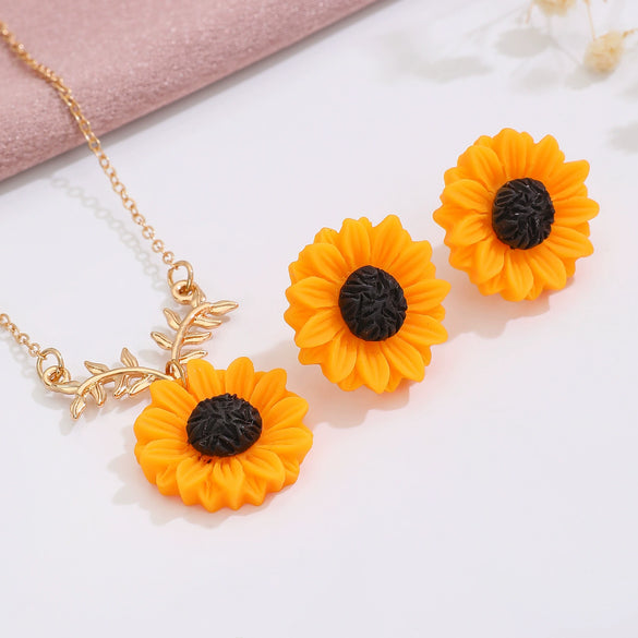 Jewelry Alloy Pearl Sunflower Necklace Earrings For Women Electroplated