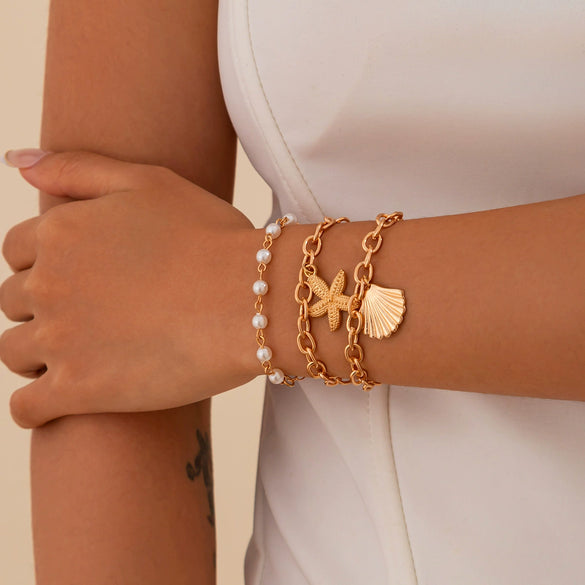 Jewelry Alloy Pendant Bracelet With Imitation Pearl Aluminum Chain Geometric Style Starfish Shell Electroplating For Women