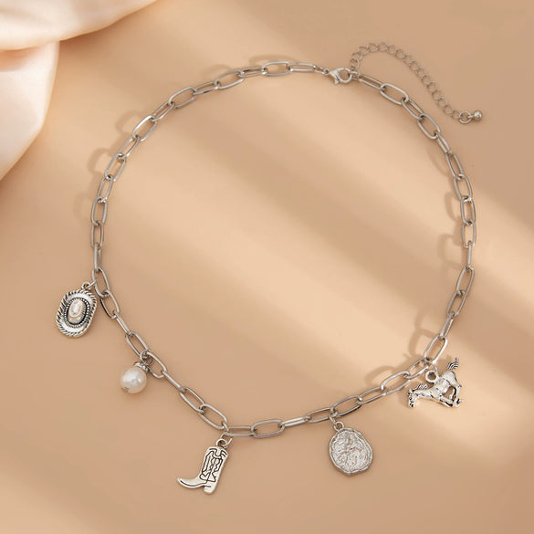 Jewelry Alloy Pendant Necklace With Geometric Pattern Electroplated Iron Chain And Imitation Pearls For Women In Ins Style