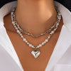 Jewelry Alloy Pendant Necklace With Imitation Pearl Beaded Clavicle Chain Heart Shape Electroplating Versatile Style For Women