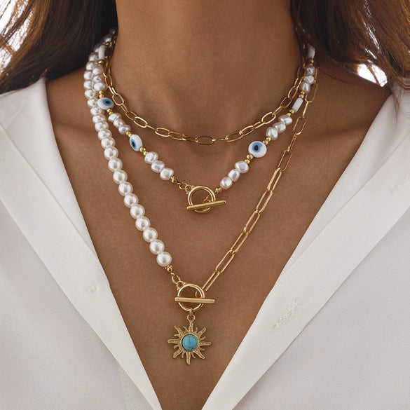 Jewelry Alloy Pendant Necklace With Turquoise Sunflower Beads Copper Iron Acrylic Rice Beads Electroplated Geometric Style For Women