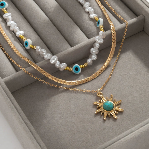 Jewelry Alloy Pendant Necklace With Turquoise Sunflower Beads Copper Iron Acrylic Rice Beads Electroplated Geometric Style For Women