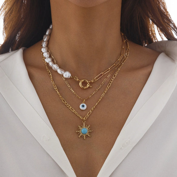 Jewelry Alloy Pendant Necklace With Turquoise Sunflower Beads Copper Iron Acrylic Rice Beads Electroplated Geometric Style For Women