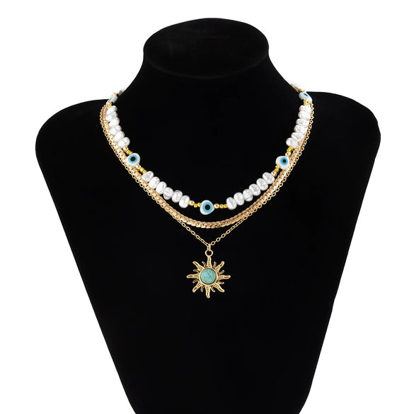 Jewelry Alloy Pendant Necklace With Turquoise Sunflower Beads Copper Iron Acrylic Rice Beads Electroplated Geometric Style For Women