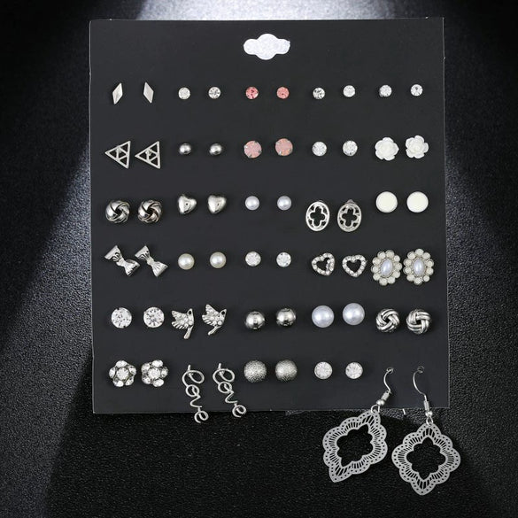 Jewelry Alloy Rhinestone Hollow Love Imitation Pearl Geometric Electroplating Earrings Set
