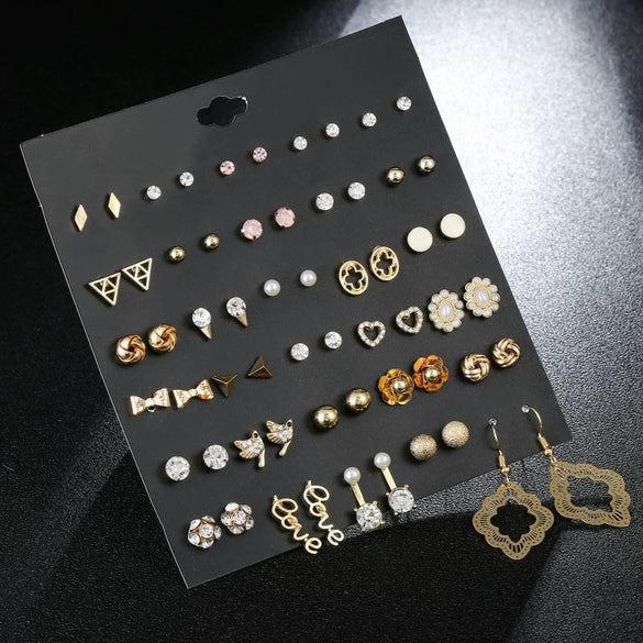 Jewelry Alloy Rhinestone Hollow Love Imitation Pearl Geometric Electroplating Earrings Set