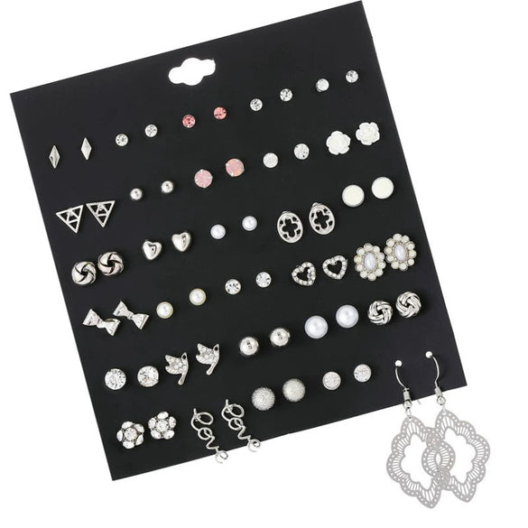 Jewelry Alloy Rhinestone Hollow Love Imitation Pearl Geometric Electroplating Earrings Set