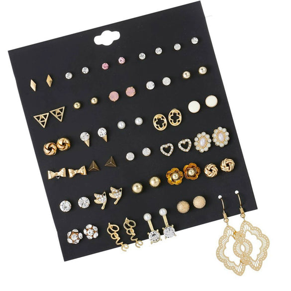 Jewelry Alloy Rhinestone Hollow Love Imitation Pearl Geometric Electroplating Earrings Set