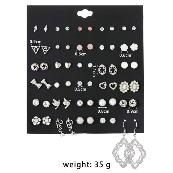 Jewelry Alloy Rhinestone Hollow Love Imitation Pearl Geometric Electroplating Earrings Set