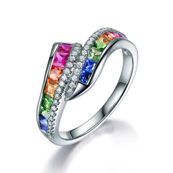 Jewelry Alloy Ring Women's Geometric Style With Diamond Rainbow Gem Red And Blue Zircon Electroplated