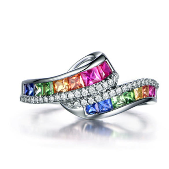 Jewelry Alloy Ring Women's Geometric Style With Diamond Rainbow Gem Red And Blue Zircon Electroplated