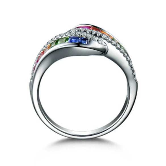 Jewelry Alloy Ring Women's Geometric Style With Diamond Rainbow Gem Red And Blue Zircon Electroplated