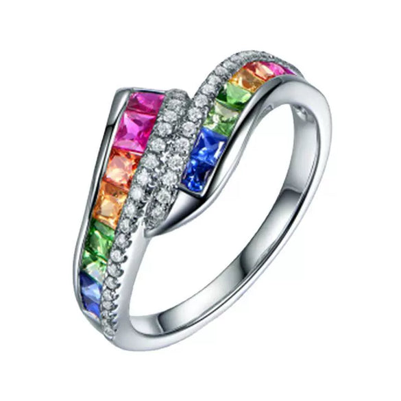 Jewelry Alloy Ring Women's Geometric Style With Diamond Rainbow Gem Red And Blue Zircon Electroplated
