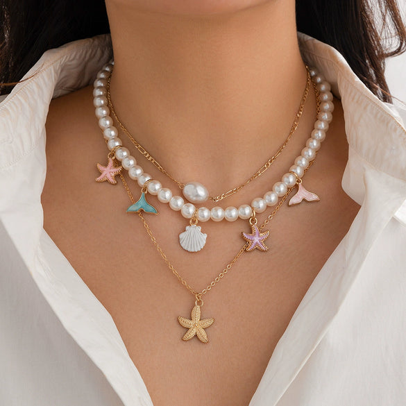 Jewelry Alloy Shell Conch Tassel Starfish Multi Layer Necklace Electroplated For Women