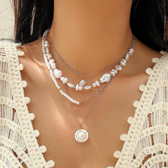 Jewelry Alloy Shell Conch Tassel Starfish Multi Layer Necklace Electroplated For Women