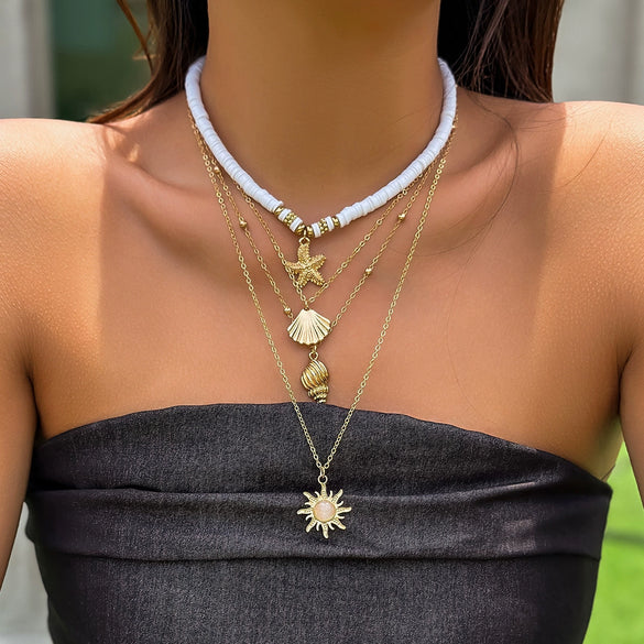 Jewelry Alloy Shell Conch Tassel Starfish Multi Layer Necklace Electroplated For Women