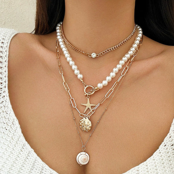 Jewelry Alloy Shell Conch Tassel Starfish Multi Layer Necklace Electroplated For Women
