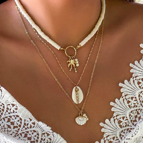 Jewelry Alloy Shell Conch Tassel Starfish Multi Layer Necklace Electroplated For Women