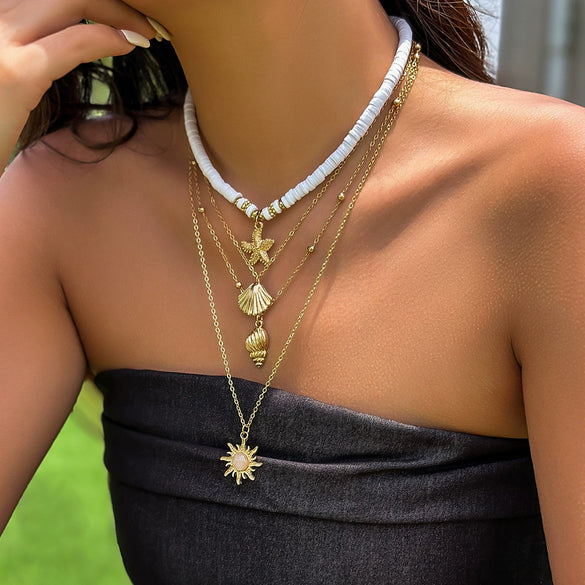 Jewelry Alloy Shell Conch Tassel Starfish Multi Layer Necklace Electroplated For Women
