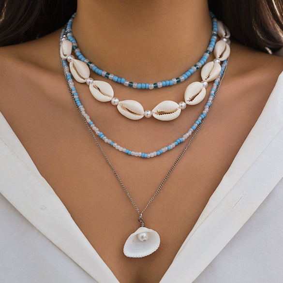 Jewelry Alloy Shell Conch Tassel Starfish Multi Layer Necklace Electroplated For Women