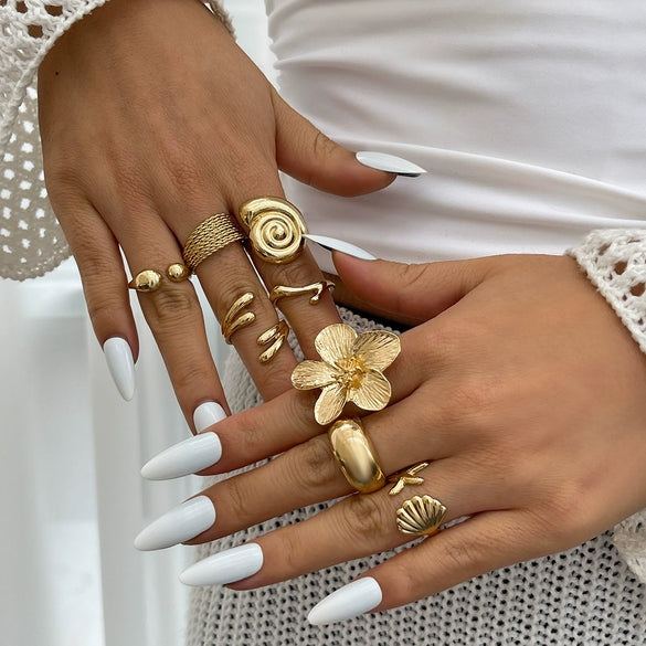 Jewelry Alloy Starfish Scallop Flower Open Ring Electroplating For Women