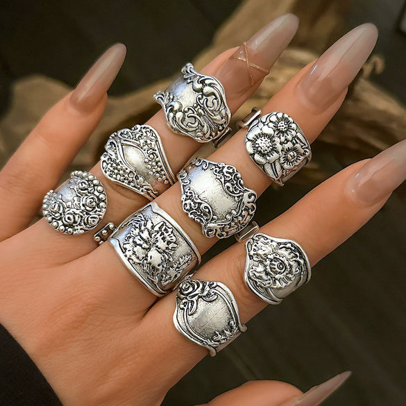 Jewelry Alloy Vintage Distressed Garland Flower Wave Pattern Open Ring Punk Style Women's