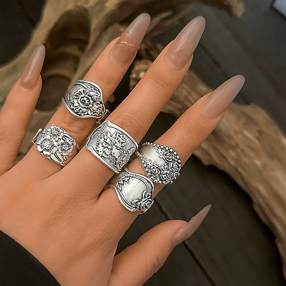 Jewelry Alloy Vintage Distressed Garland Flower Wave Pattern Open Ring Punk Style Women's