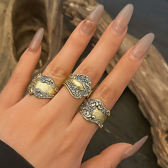 Jewelry Alloy Vintage Distressed Garland Flower Wave Pattern Open Ring Punk Style Women's