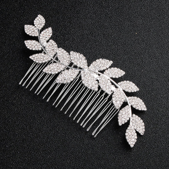 Jewelry Alloy Waveshaped Rhinestone Leaf Multitooth Bridal Hair Comb With Flower Pattern Electroplating For Women