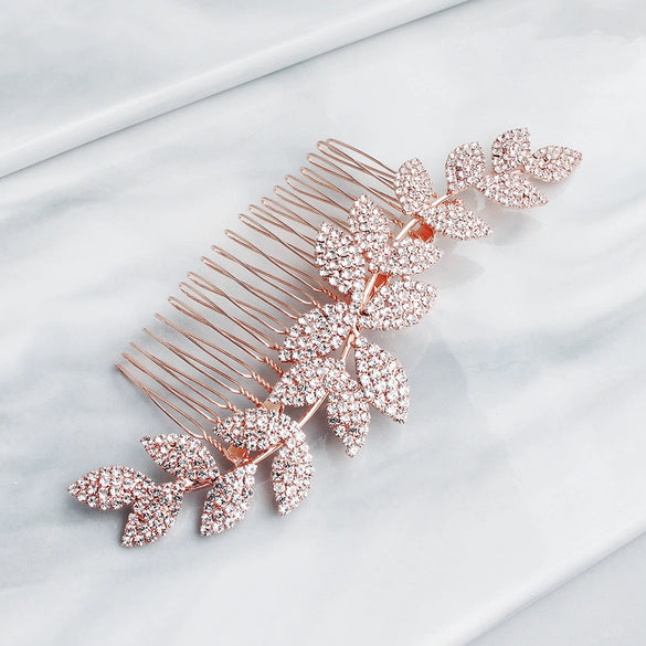 Jewelry Alloy Waveshaped Rhinestone Leaf Multitooth Bridal Hair Comb With Flower Pattern Electroplating For Women