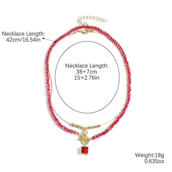 Jewelry Artificial Crystal Beaded Double Layer Necklace With Alloy Pendant Heart Shape Geometric Style Electroplating
