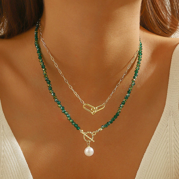 Jewelry Artificial Crystal Beaded Double Layer Necklace With Alloy Pendant Heart Shape Geometric Style Electroplating