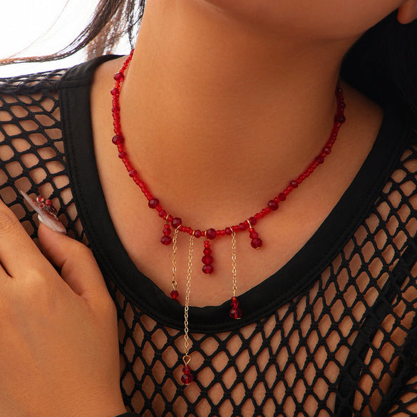 Jewelry Artificial Crystal Geometric Gothic Blood Dropping Tassel Clavicle Necklace For Women Electroplated