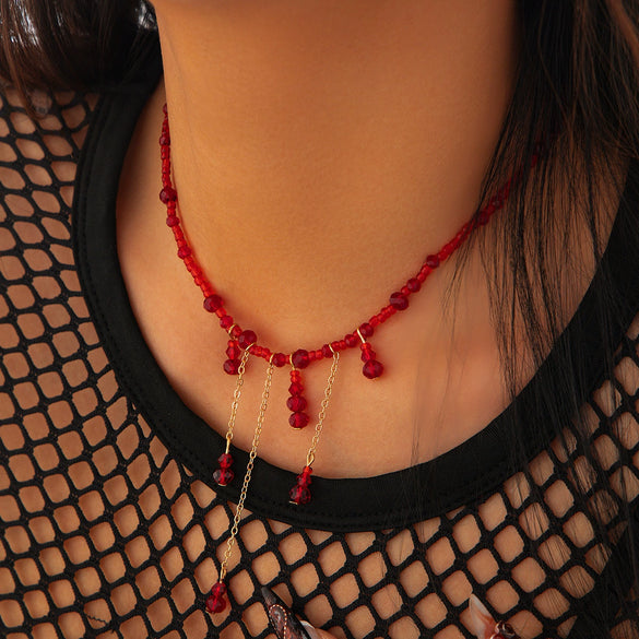Jewelry Artificial Crystal Geometric Gothic Blood Dropping Tassel Clavicle Necklace For Women Electroplated