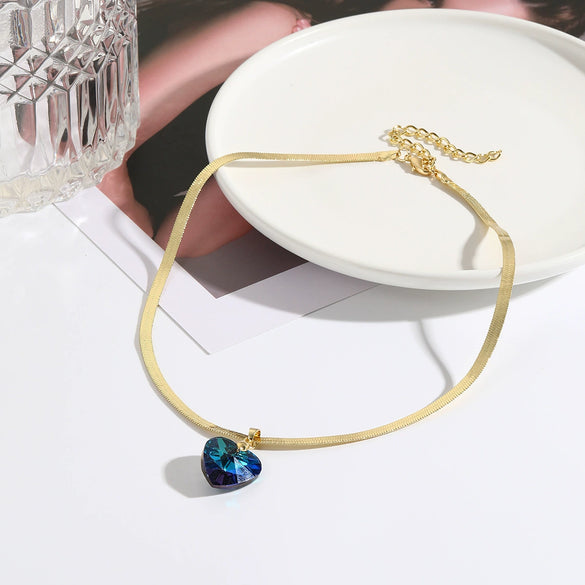 Jewelry Artificial Crystal Heart Pendant Snake Bone Chain Electroplated Simple Style