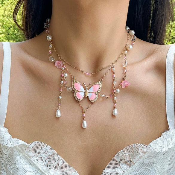 Jewelry Artificial Crystal Imitation Pearls Snake Bone Chain Animal Zodiac Butterfly Choker Electroplating Design For Women