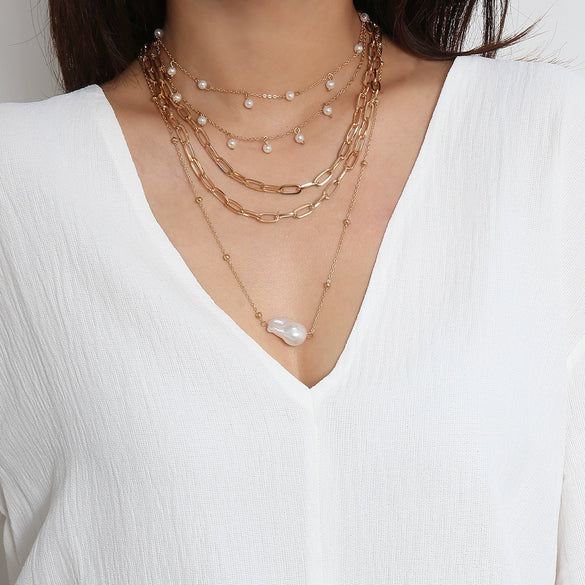 Jewelry Artificial Pearl Metal Geometric Multi Layer Chain Necklace With Electroplating Treatment