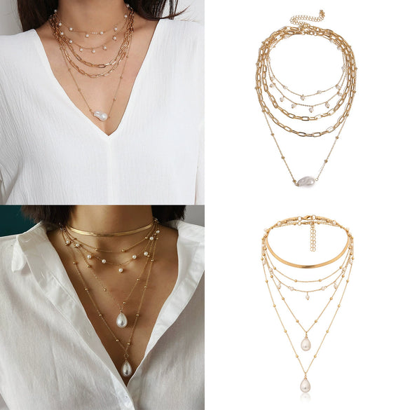 Jewelry Artificial Pearl Metal Geometric Multi Layer Chain Necklace With Electroplating Treatment