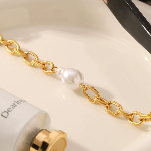 Jewelry Baroque Pearl Titanium Steel Hiphop Style Bracelet With Vacuum Electroplating